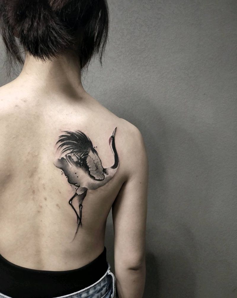 水墨鹤纹身图片_背部纹身图案