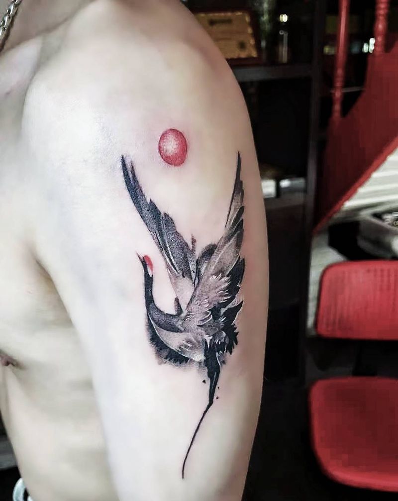 仙鹤纹身图片_手臂水墨纹身图案