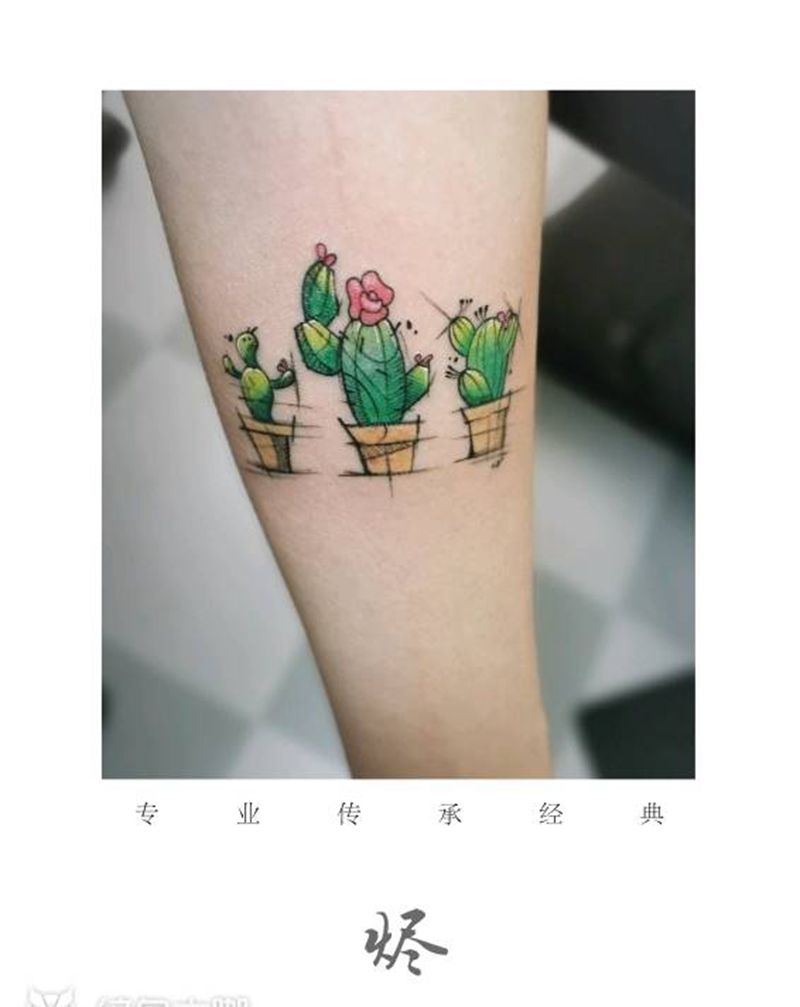 仙人掌纹身图片_手臂几何水彩纹身图案