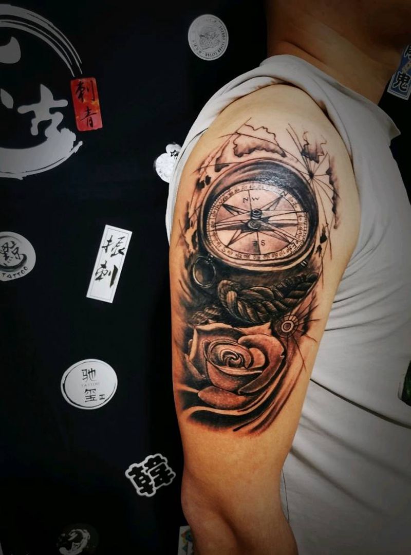 指南针纹身图片_手臂水墨新传统纹身图案
