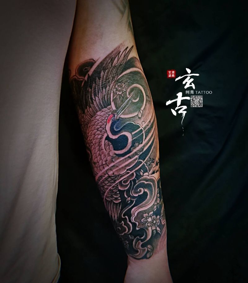 鹤,山,阁楼,迎客松纹身图片_手臂新传统纹身图案