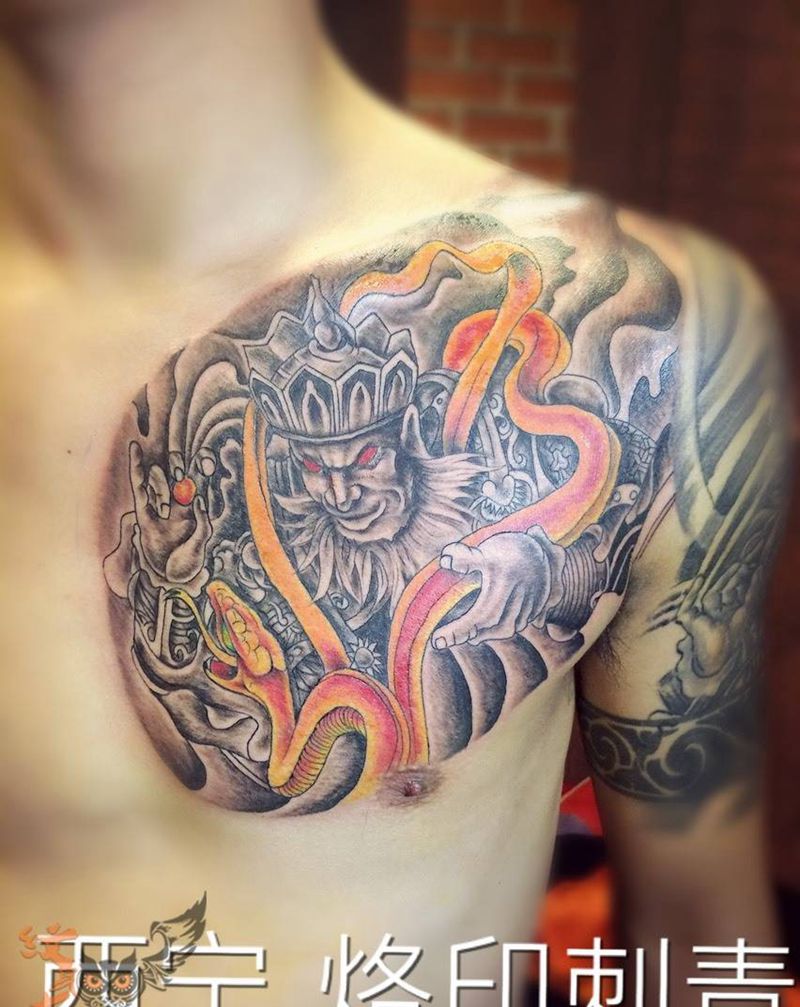 广目天王纹身图片_成品胸部传统人物纹身图案