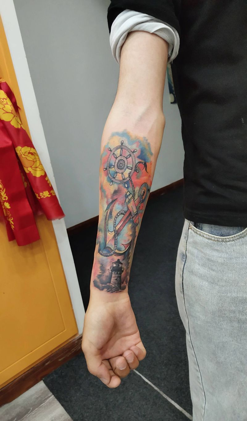 灯塔  船锚纹身图片_手臂水彩纹身图案