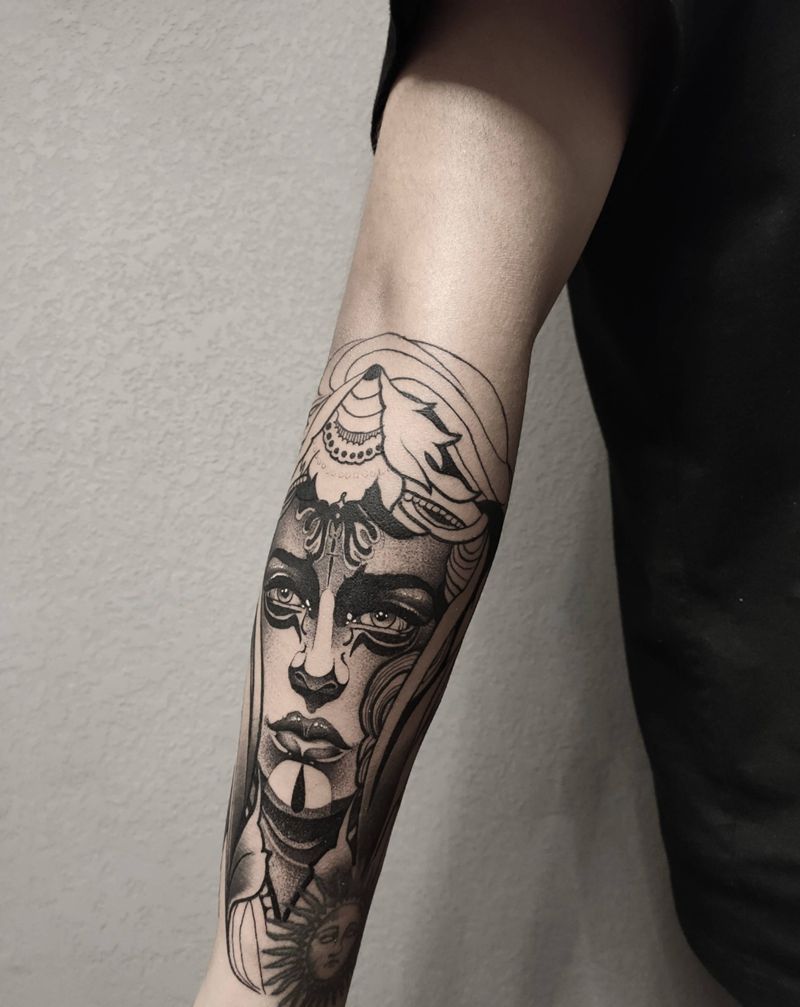 new school纹身图片_手臂欧美写实点刺纹身图案