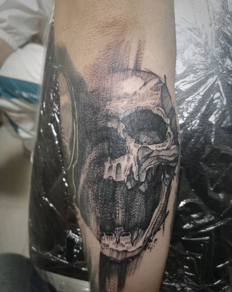 骷髅纹身图片_手臂点刺欧美写实纹身图案