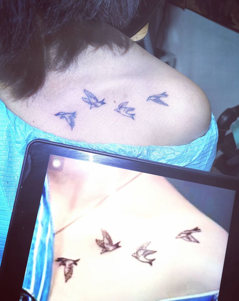 小清新纹身图片_肩部几何鸽子纹身图案