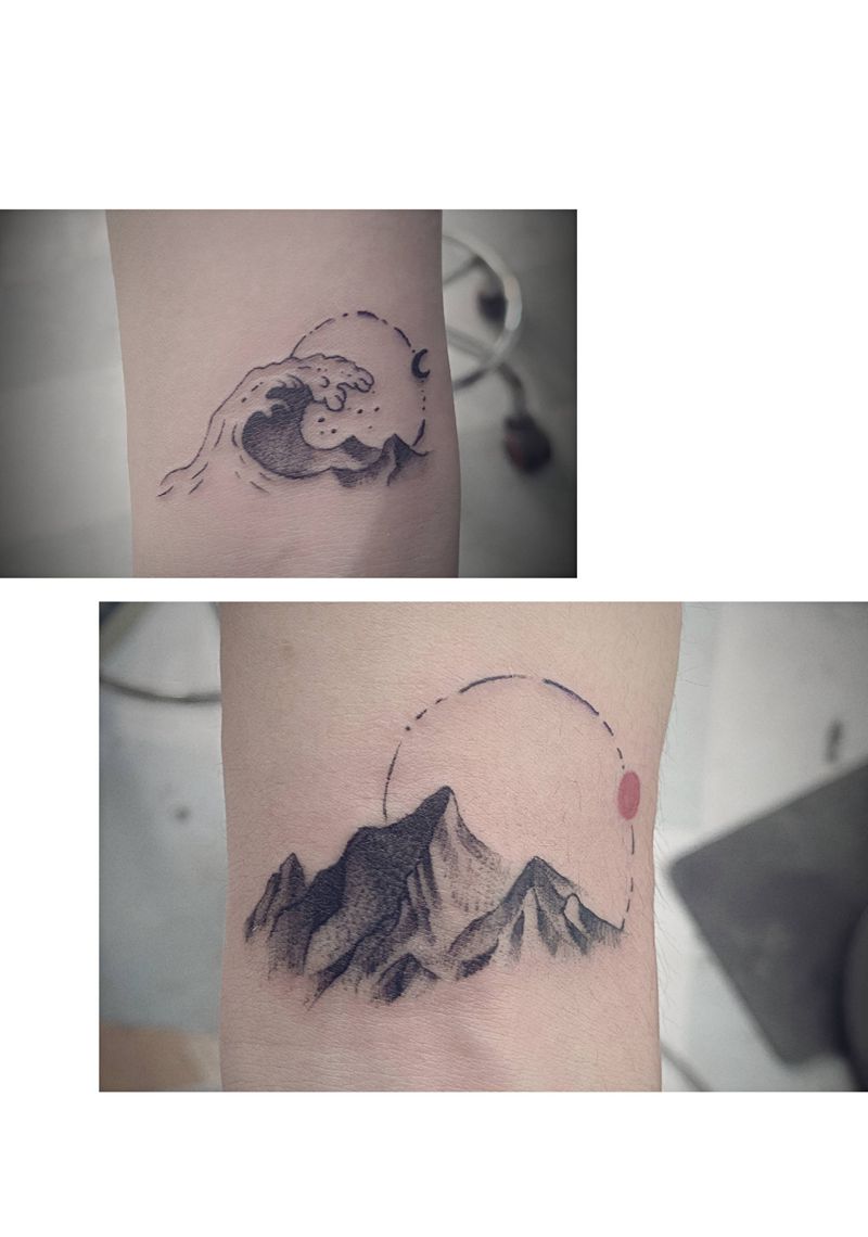 山海纹身图片_手臂点刺几何纹身图案