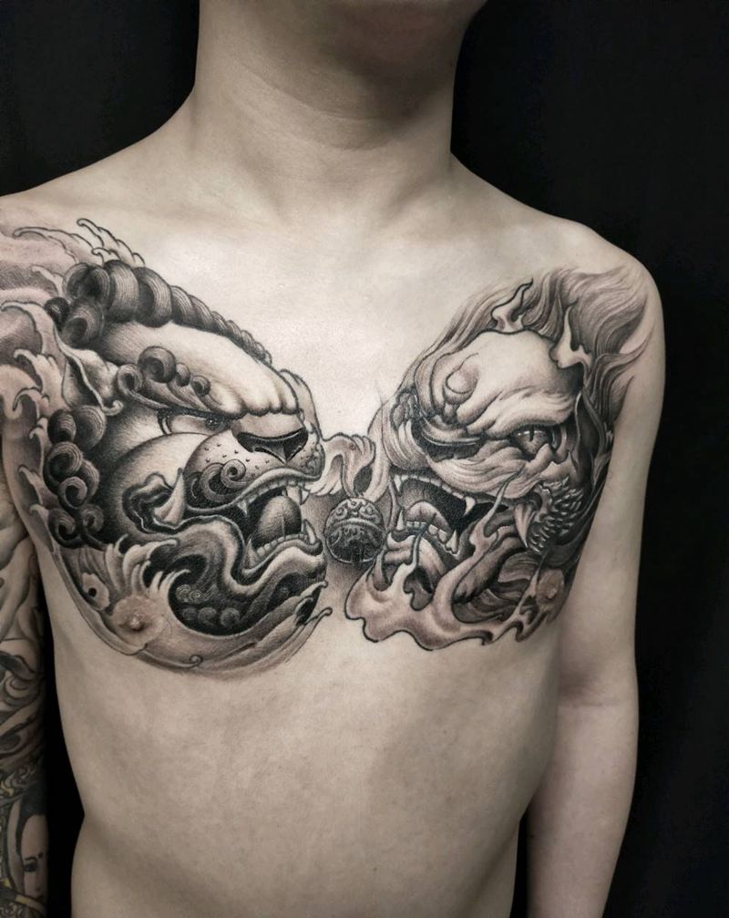 灵动双狮纹身图片_胸部新传统纹身图案