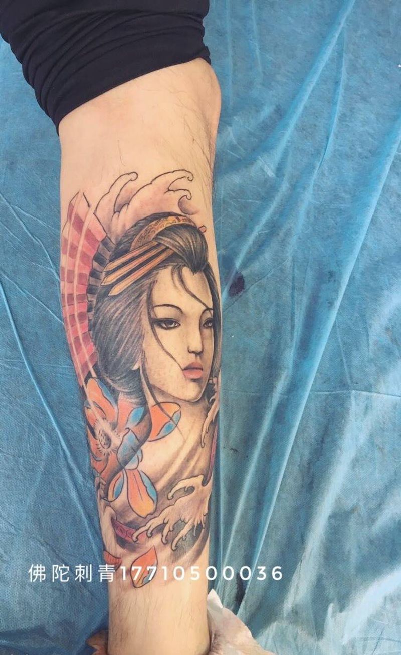 小腿艺妓纹身图片_成品腿部肖像人物宁夏银川中国纹身图案