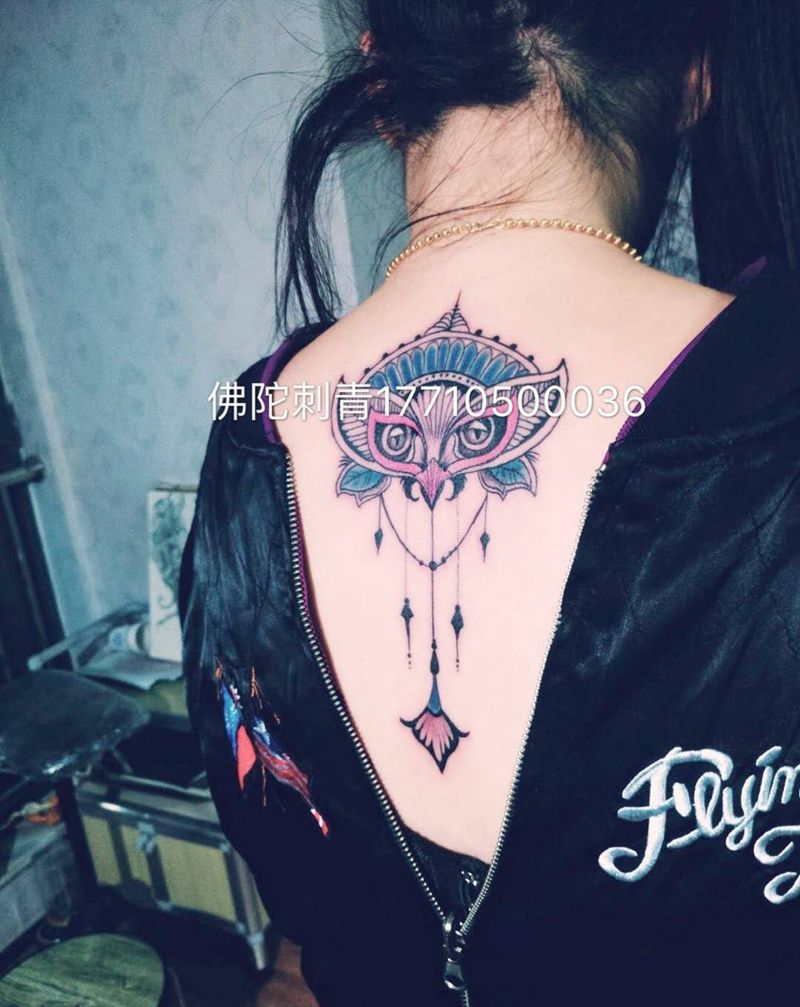 几何猫头鹰纹身图片_成品背部清新几何宁夏学习学银川文身 纹身图案