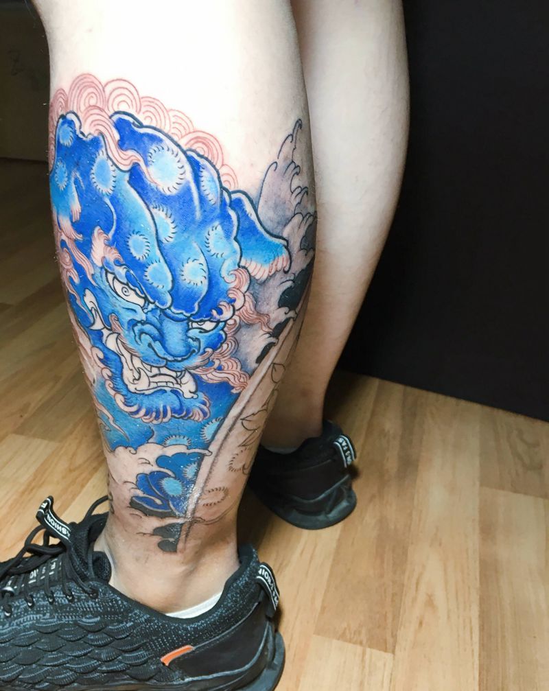 唐狮子纹身图片_腿部新传统纹身图案