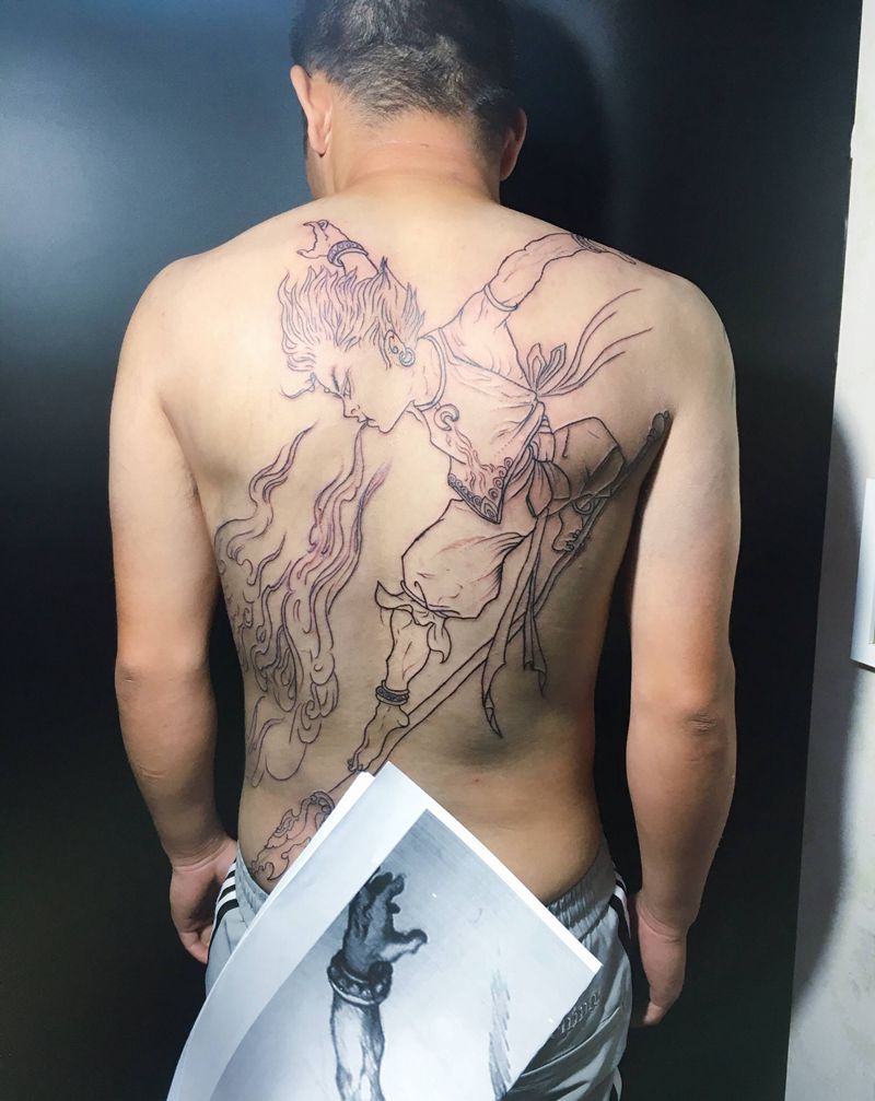 哪吒纹身图片_背部新传统纹身图案