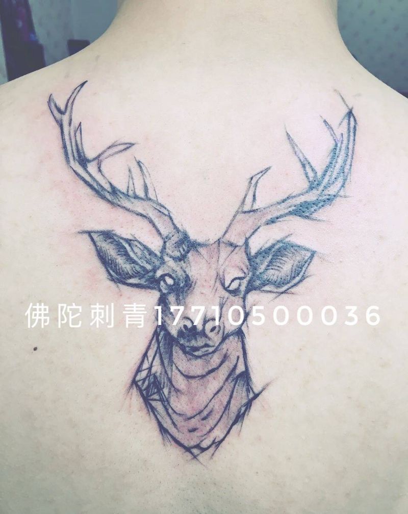 鹿纹身图片_成品手稿背部清新几何动物银川宁夏佛陀刺青纹身图案