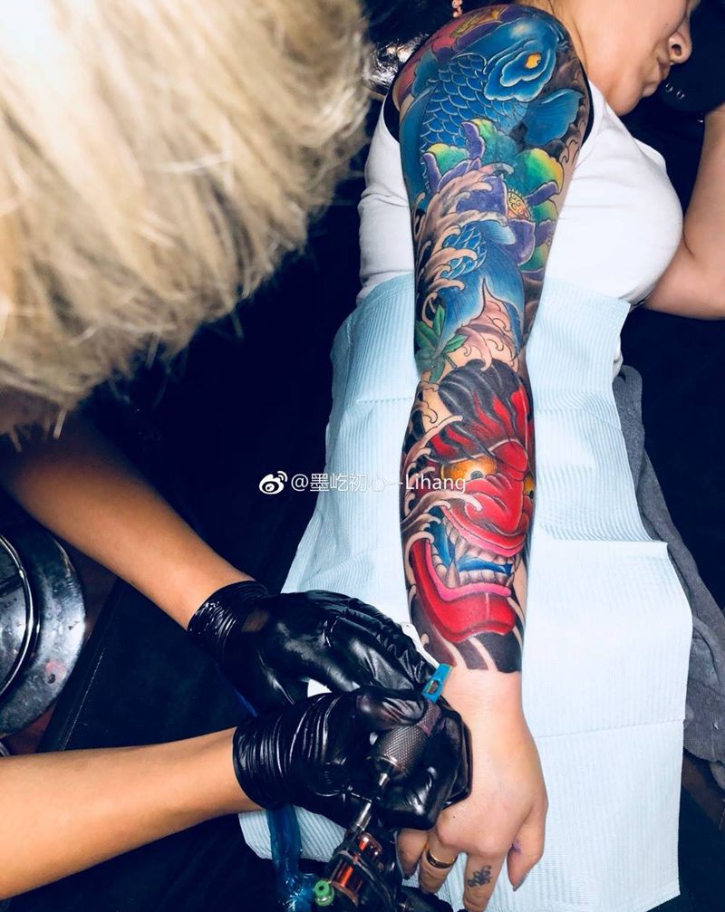 花臂纹身图片_成品手臂传统人物动物纹身图案