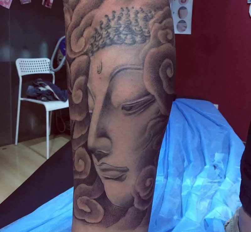 小腿佛纹身图片_成品手稿腿部传统肖像人物鬼神宗教原创纹身图案