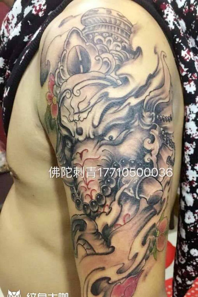 大臂象神纹身图片_宁夏成品肩部手臂传统鬼神动物银川纹身图案