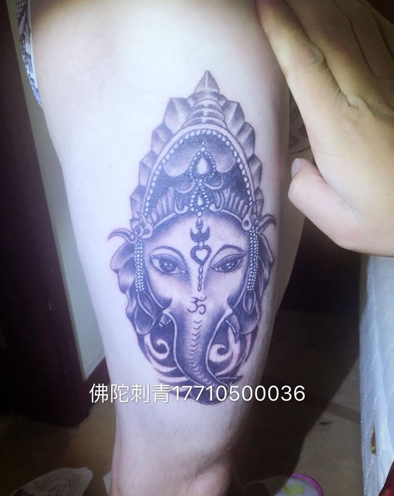 象神纹身图片_手稿成品腿部写实传统动物宁夏银川文身 宗教纹身图案