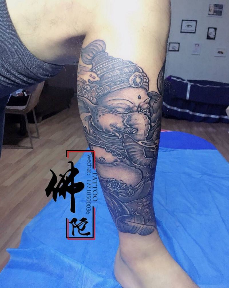 象神纹身图片_腿部新传统纹身图案