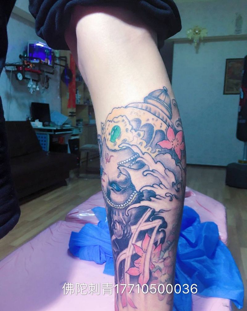 小腿象神纹身图片_成品手稿腿部传统静物动物鬼神宁夏银川文身 纹身图案