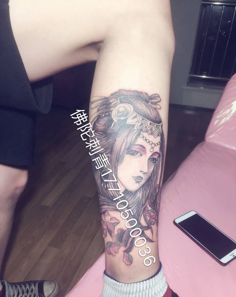 艺伎纹身图片_成品手稿腿部传统肖像人物银川 宁夏佛陀刺青纹身图案