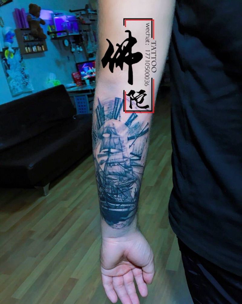 帆船纹身图片_成品手臂写实几何宁夏银川文身 学学习纹身图案