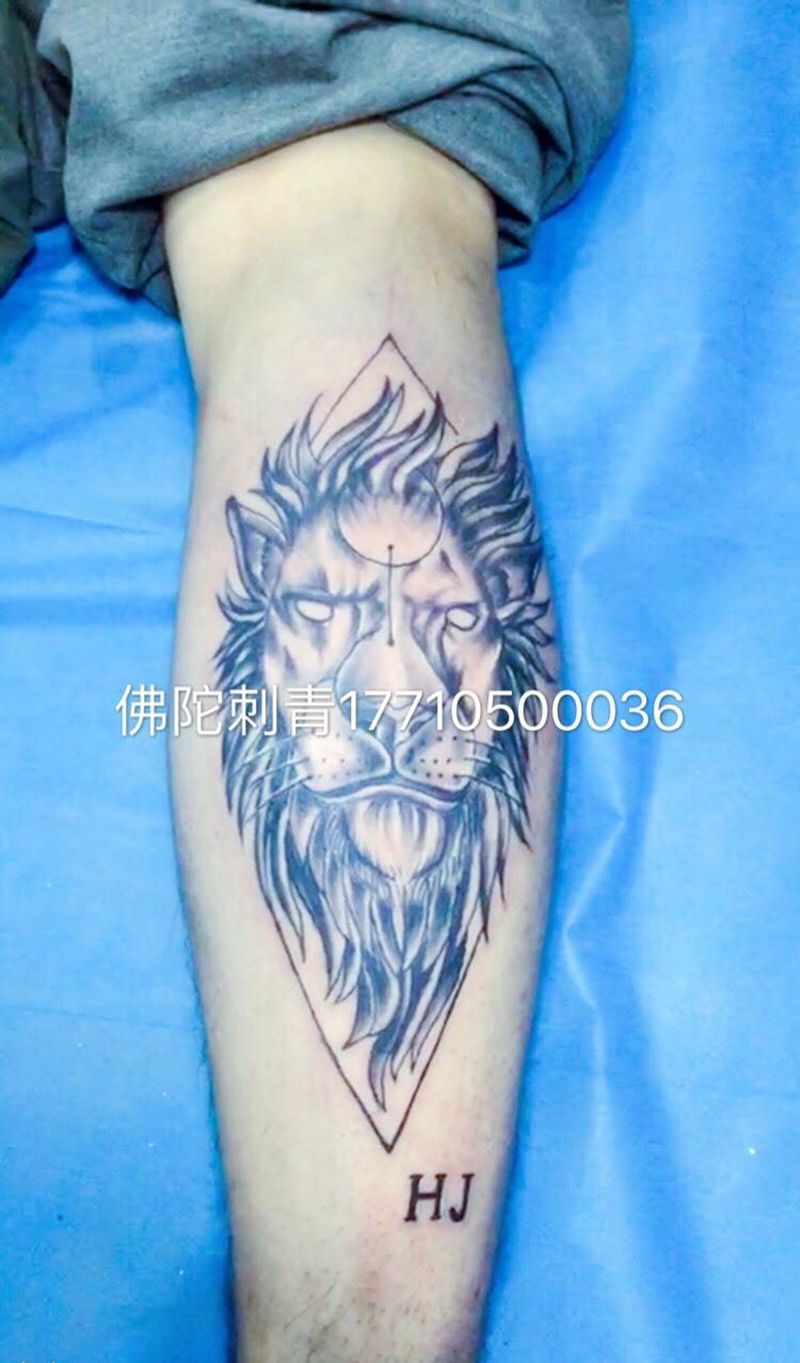 小腿狮子纹身图片_成品手稿腿部清新动物银川宁夏几何纹身图案