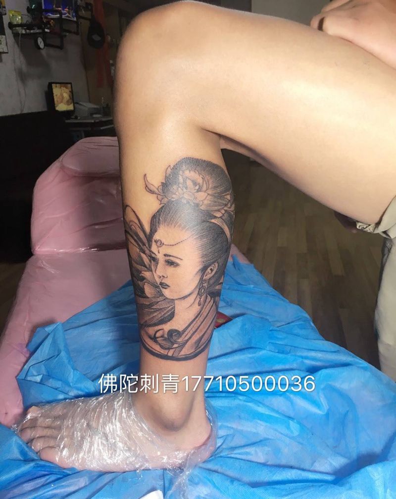 古典美女纹身图片_成品手稿腿部肖像传统人物宁夏银川文身 纹身图案
