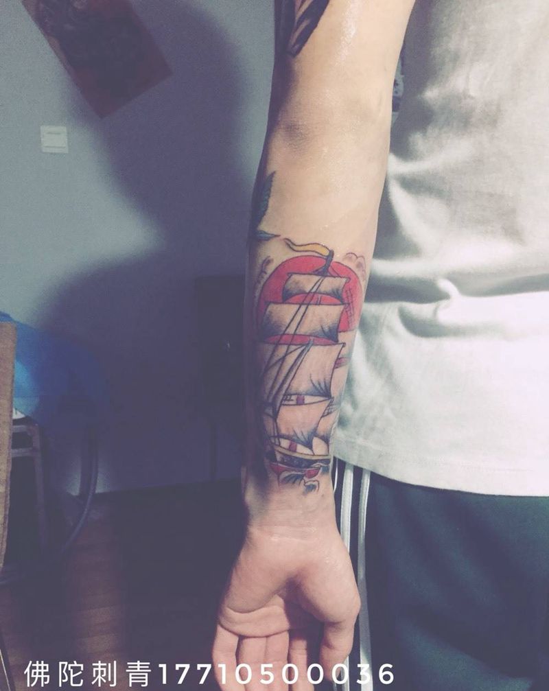 帆船纹身图片_成品手稿手臂欧美几何宁夏银川中国纹身图案