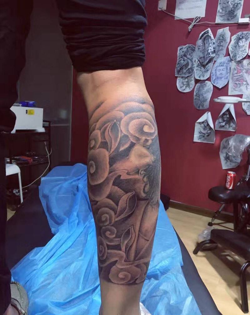 拼接纹身图片_手稿成品腿部清新写实欧美几何宗教原创图腾纹身图案