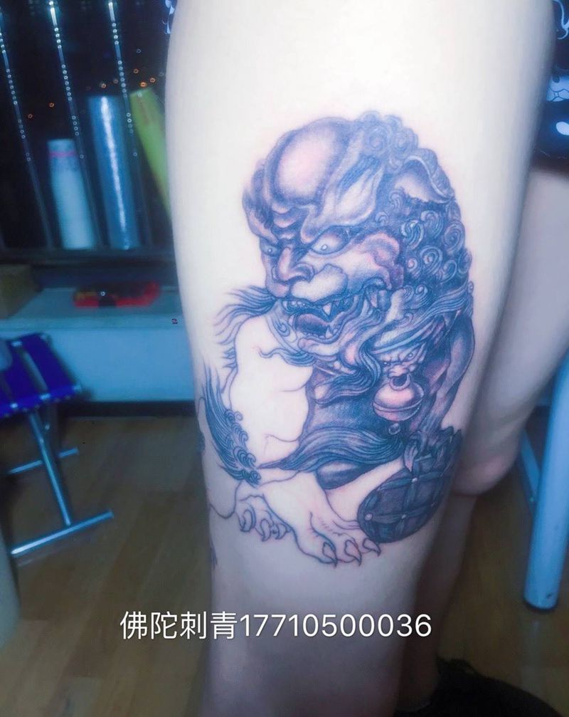 唐狮纹身图片_成品手稿腿部传统动物宁夏银川中国纹身图案