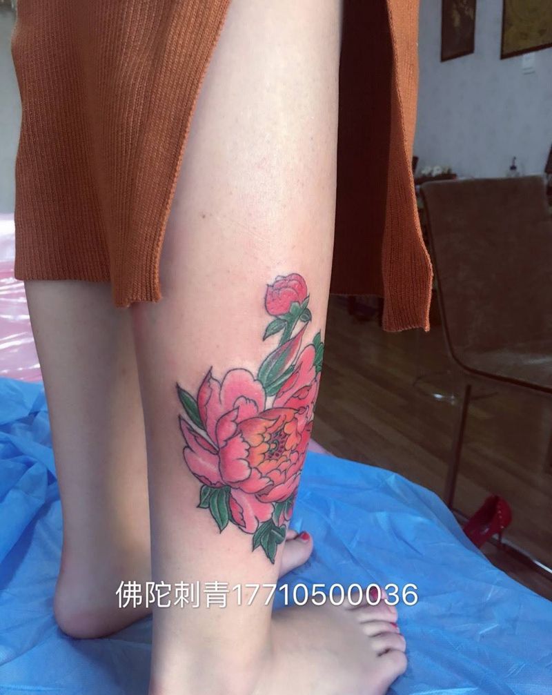 小腿牡丹纹身图片_手稿腿部成品传统植物宁夏银川文身 纹身图案