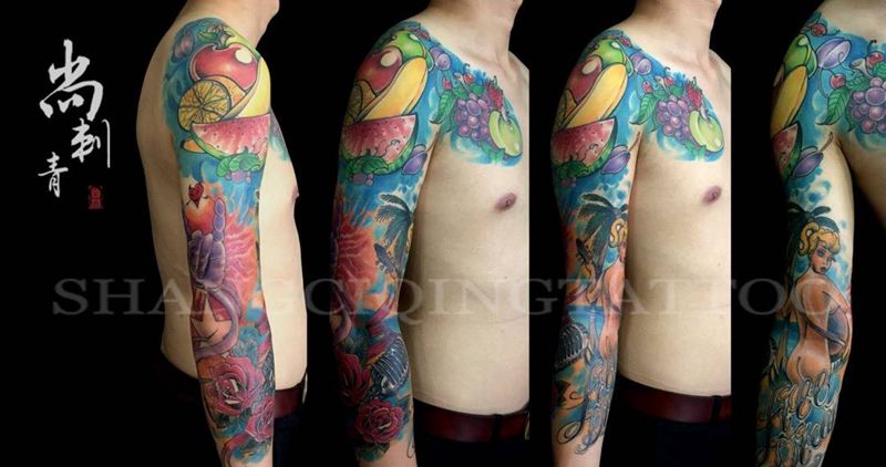 花臂七分袖纹身图片