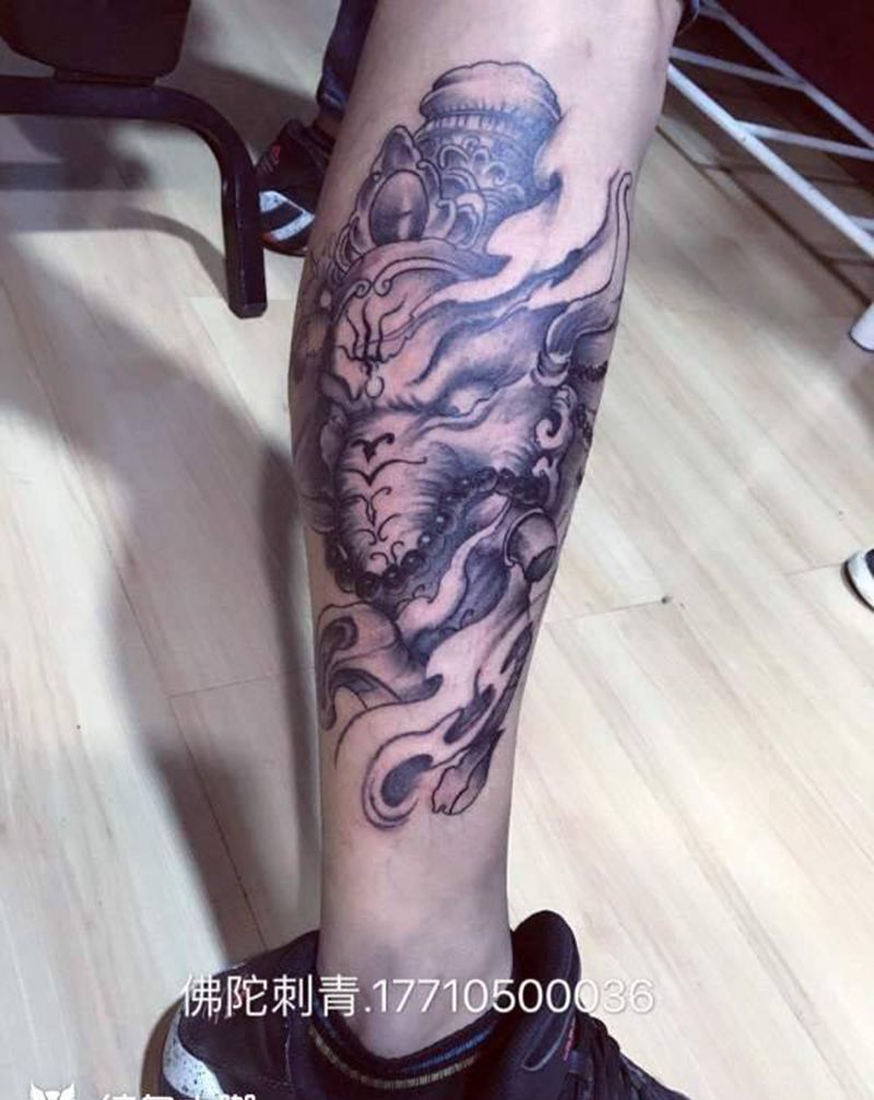 小腿象神纹身图片_手稿成品腿部传统动物宗教银川 宁夏纹身图案