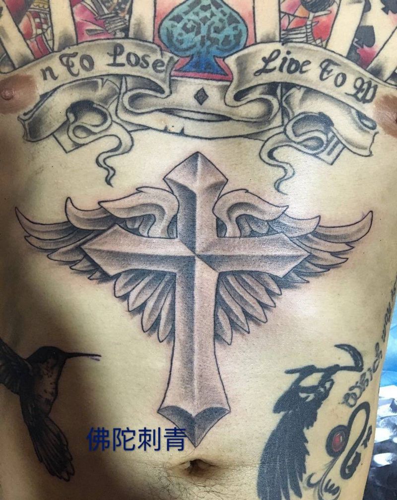 十字架纹身图片_成品腹部欧美传统宗教动物纹身图案