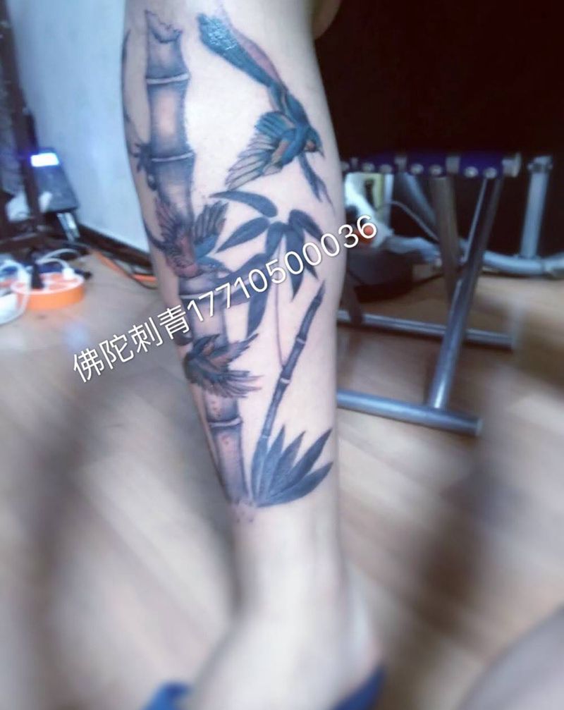 竹雀纹身图片_成品手稿国画传统腿部植物动物宁夏银川文身 纹身图案
