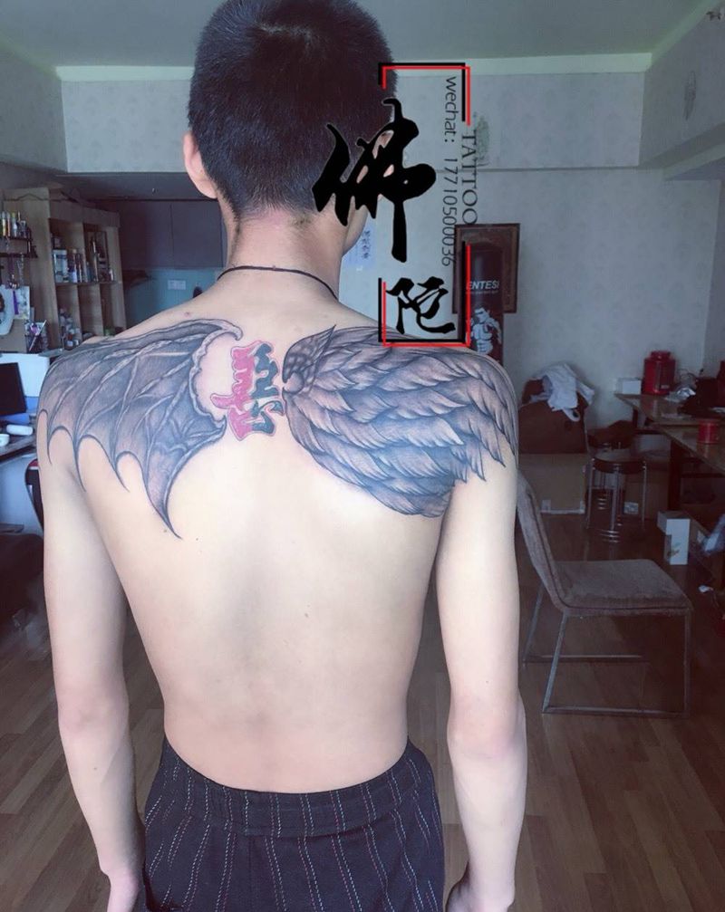 天使与魔鬼纹身图片_成品手稿背部欧美几何宁夏银川文身 学学习纹身图案