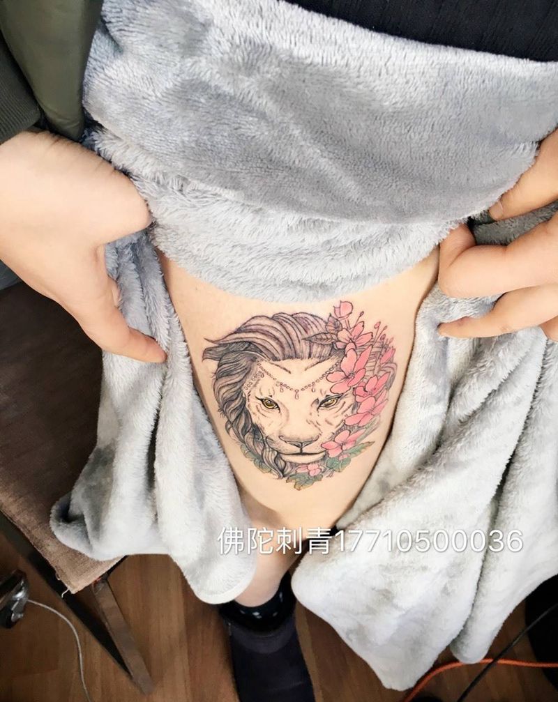 狮子座纹身图片_成品腿部动物宁夏银川文身 学学习写实纹身图案