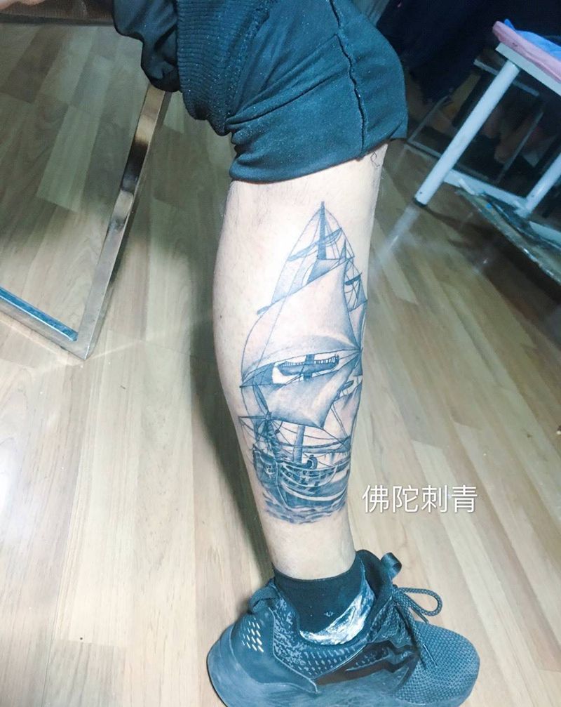 帆船纹身图片_成品手稿腿部欧美几何宁夏银川文身 学学习纹身图案