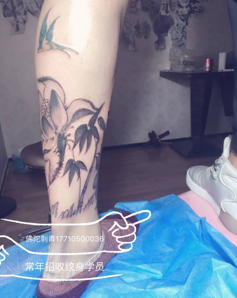 水墨花鸟纹身图片_成品手稿腿部国画动物植物宁夏学习银川文身 纹身图案
