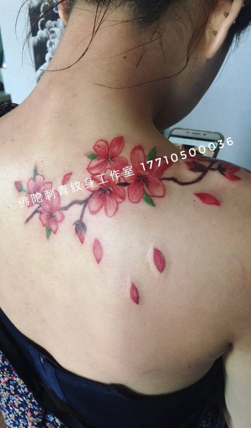后肩小花朵纹身图片_成品手稿背部清新植物宁夏银川佛陀刺青纹身图案