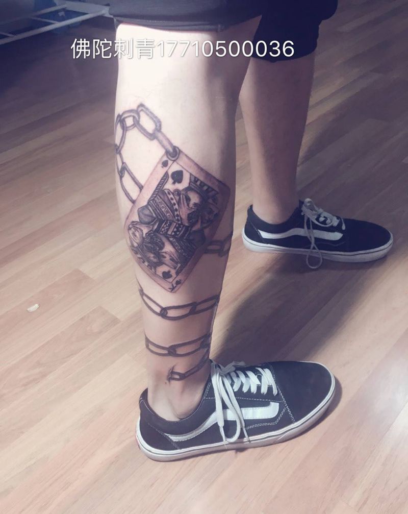 扑克牌纹身图片_成品手稿腿部欧美写实几何人物宁夏银川文身 纹身图案