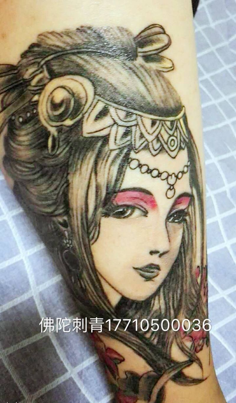 恢复好的艺伎买家秀纹身图片_成品手稿腿部传统肖像人物银川 宁夏佛陀刺青纹身图案