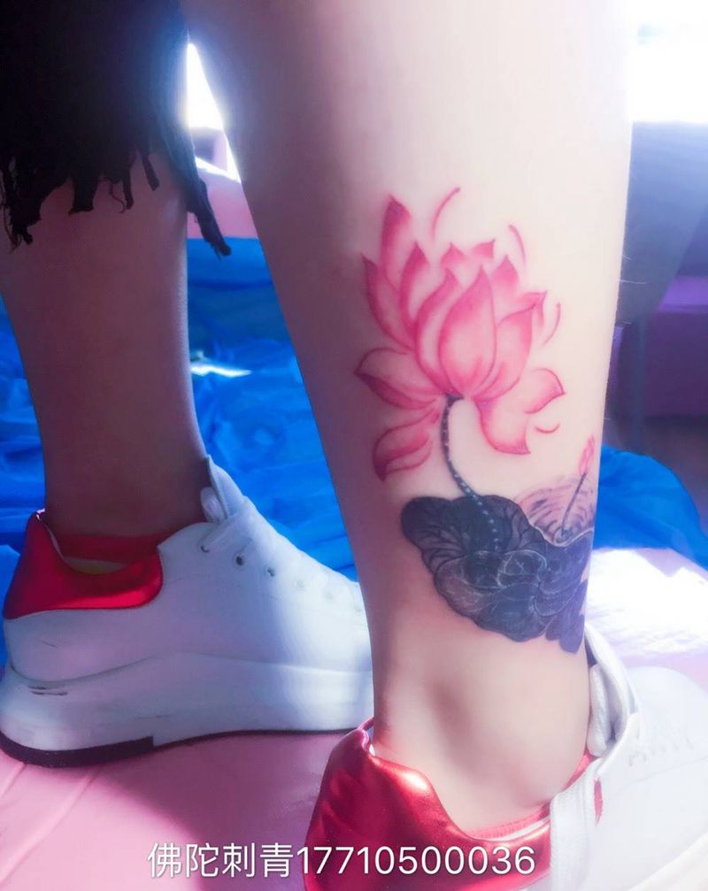 荷花遮盖老纹身纹身图片_成品手稿腿部传统植物宁夏银川中国纹身图案