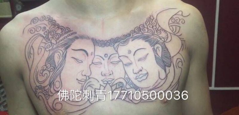 三面佛纹身图片_成品胸部传统鬼神人物银川 宁夏佛陀刺青纹身图案