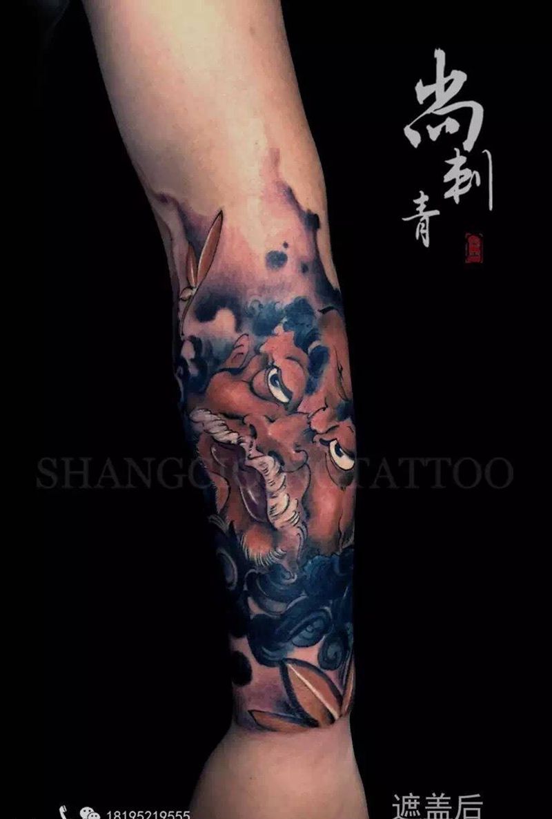 老者，小臂覆盖作品纹身图片