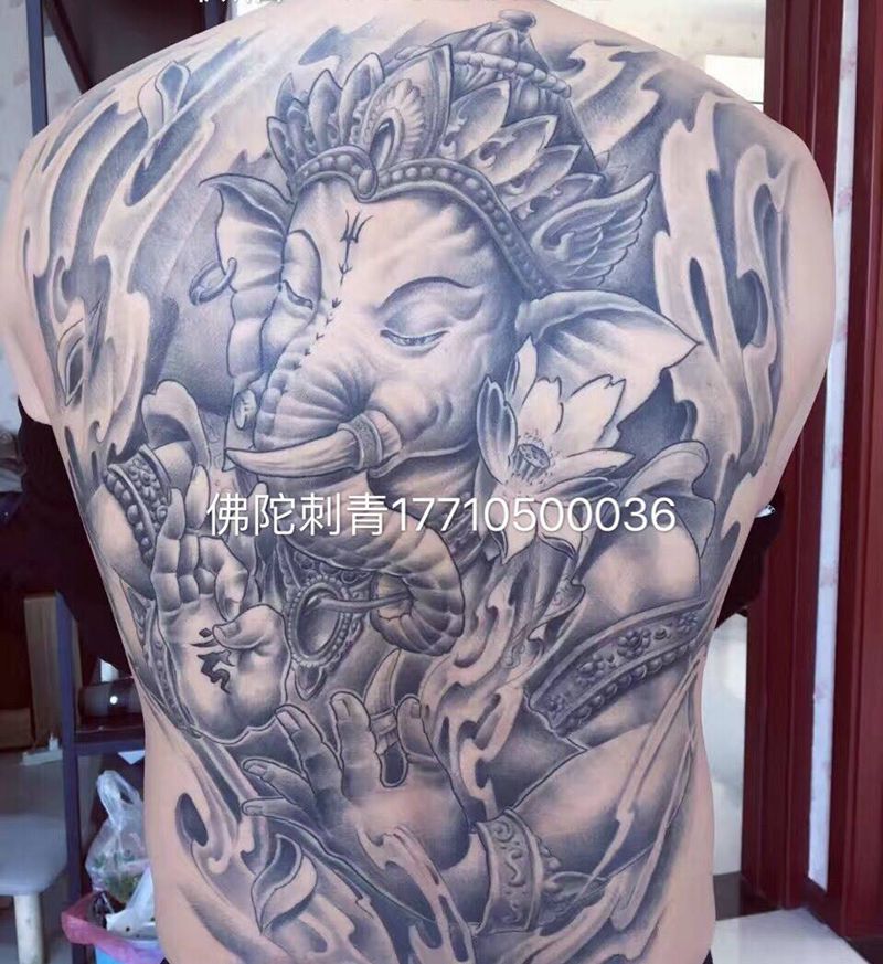 满背象神纹身图片_成品手稿背部清新传统动物宗教银川宁夏纹身图案