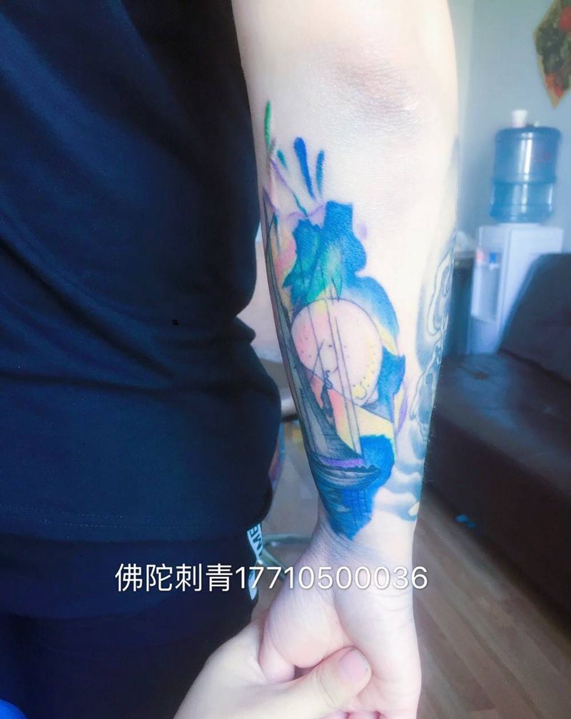 水彩帆船纹身图片_成品手稿手臂欧美清新几何宁夏银川中国纹身图案