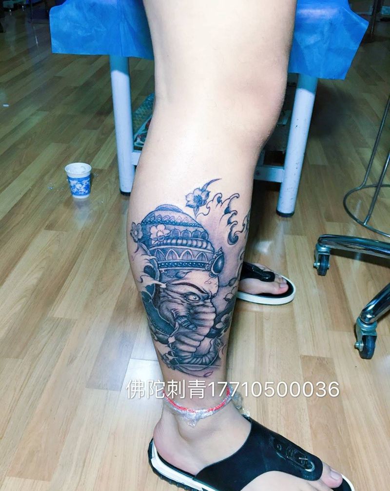 象神纹身图片_成品手稿腿部传统动物鬼神学习学宁夏纹身图案