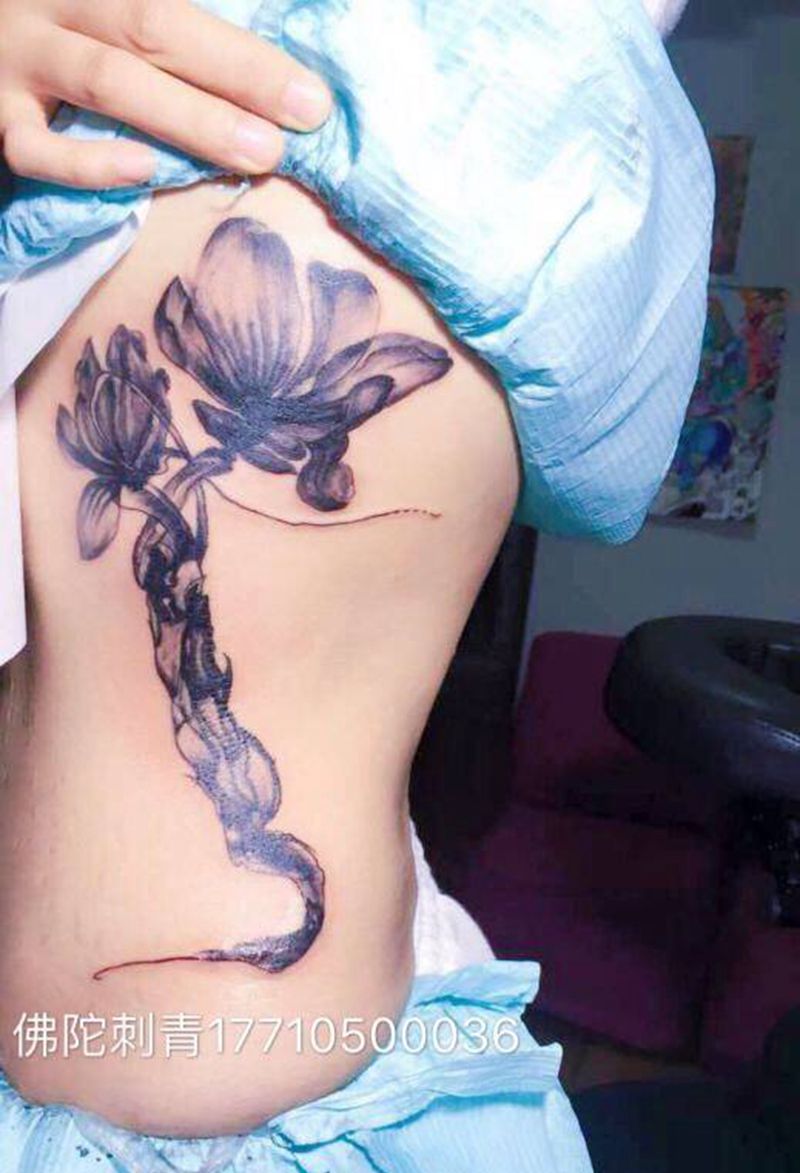水墨纹身图片_成品手稿腰部国画植物原创宁夏银川中国纹身图案