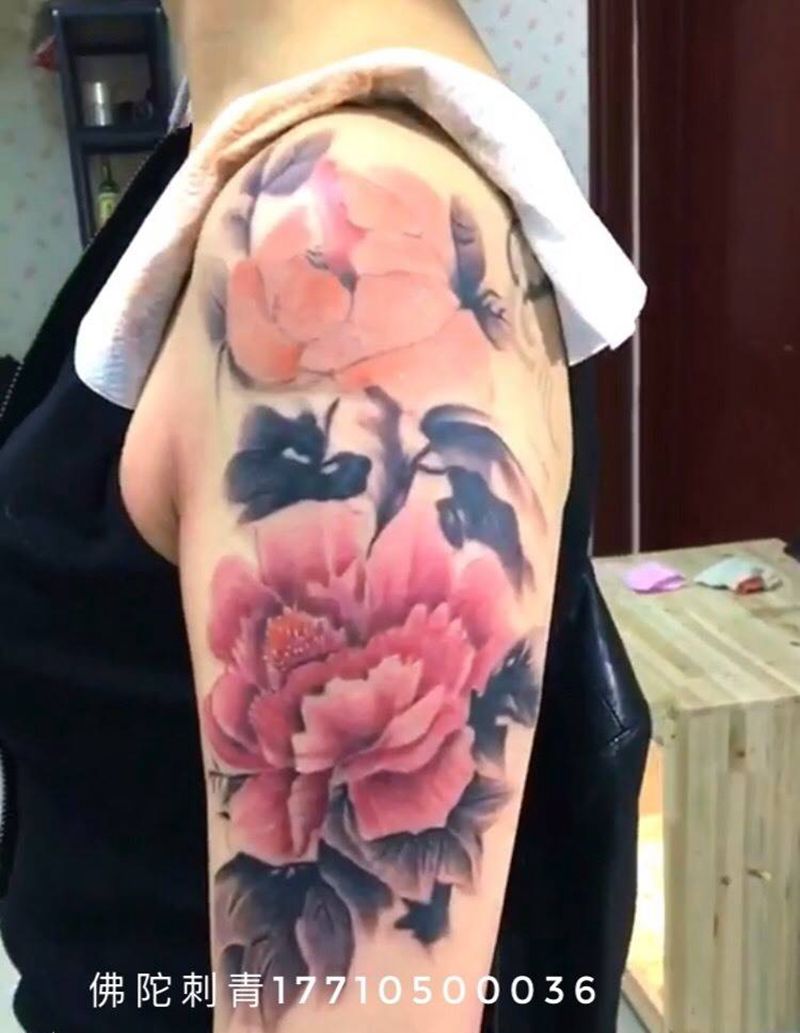 水墨花纹身图片_成品手稿肩部传统植物宁夏银川中国纹身图案